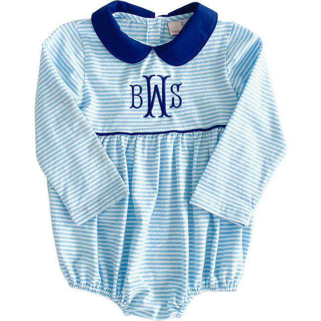 Striped Knit Bubble with Navy Collar, Sky Blue - Rompers - 1