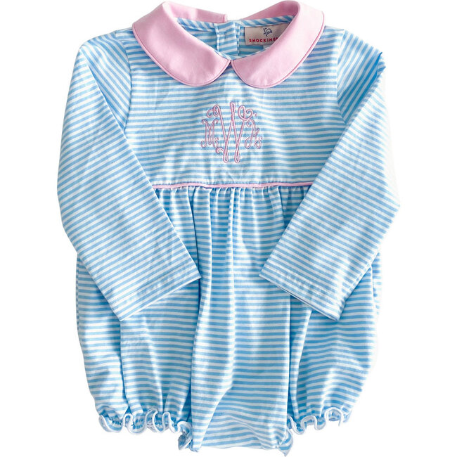 Striped Knit Bubble with Pink Collar, Sky Blue - Rompers - 1