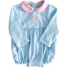 Striped Knit Bubble with Pink Collar, Sky Blue - Rompers - 1 - thumbnail