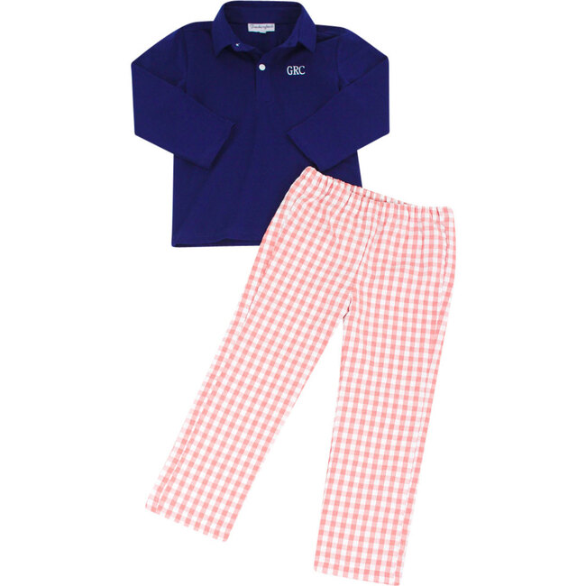 Check Pants With Navy Knit Long Sleeved Polo, Coral