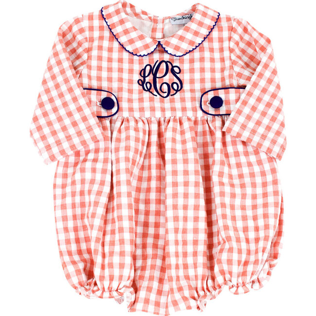 Check Bubble with Navy Trim, Coral - Rompers - 1