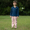 Check Pants With Navy Knit Long Sleeved Polo, Coral - Mixed Apparel Set - 2
