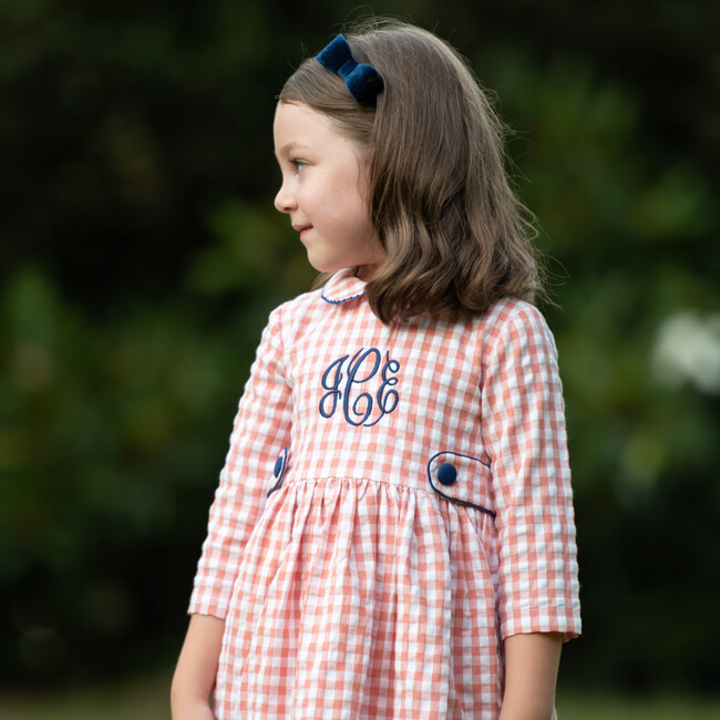 Check Dress with Navy Trim, Coral