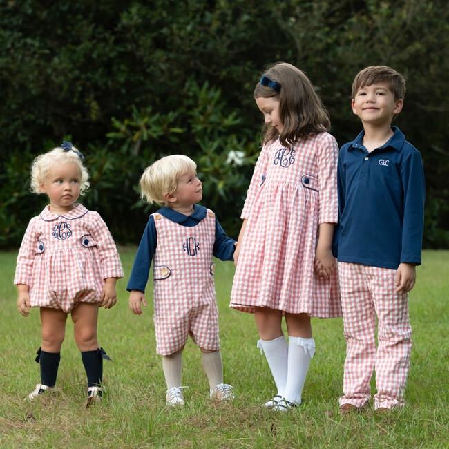 Check Pants With Navy Knit Long Sleeved Polo, Coral - Mixed Apparel Set - 3