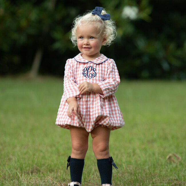 Check Bubble with Navy Trim, Coral - Rompers - 2