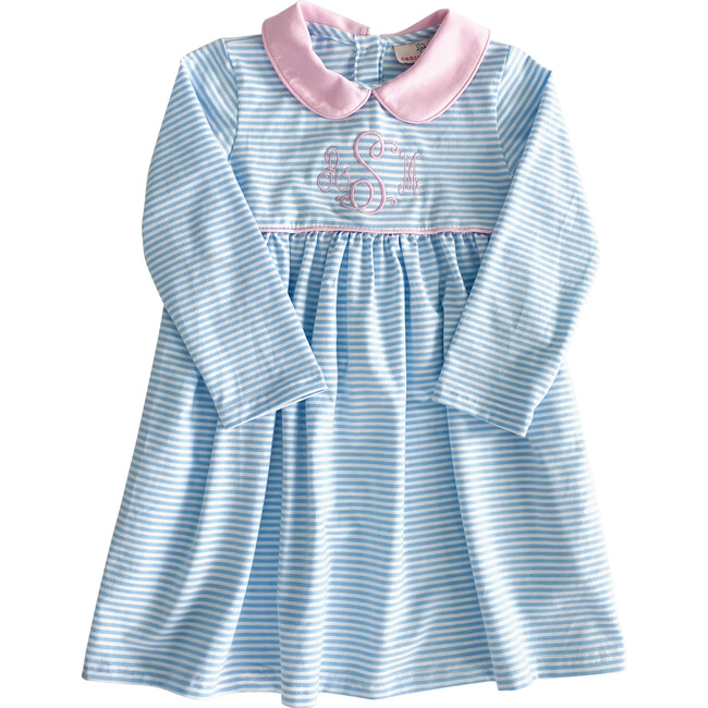 Striped Knit Dress with Pink Collar, Sky Blue - Dresses - 1