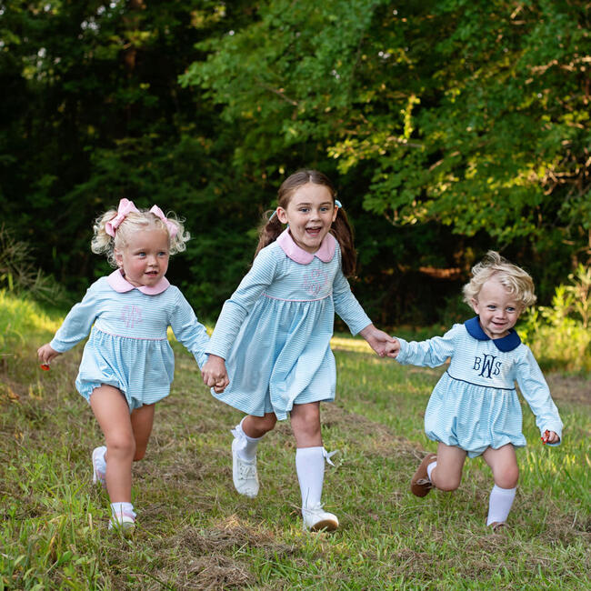 Striped Knit Dress with Pink Collar, Sky Blue - Dresses - 4