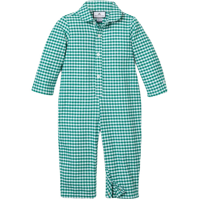 Green Gingham Flannel Romper with White Piping