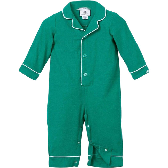 Forest Green Flannel Romper with White Piping - Pajamas - 1