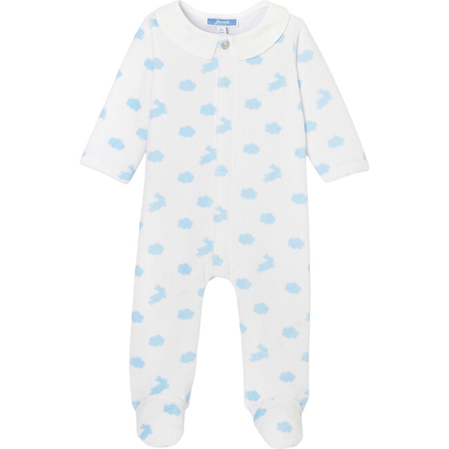 Baby Loop Velvet Footed Pajamas, White & Blue