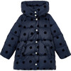 Polka Dot Puffer Jacket, Navy Blue - Jackets - 1 - thumbnail