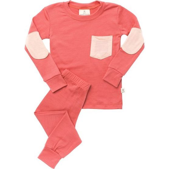 Merino Wool Thermal Long Johns, Rose with Apricot Pocket and Patches - Loungewear - 1