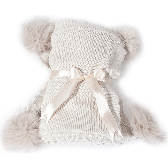 Cotton Waffle Knit Blanket with Faux Pom Poms, Soft Grey - Blankets - 1