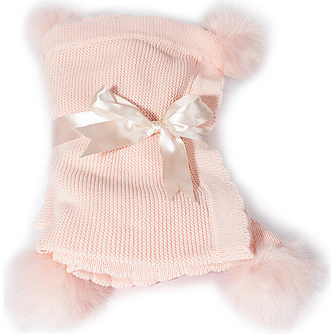 Cotton Waffle Knit Blanket with Faux Pom Poms, Pink - Blankets - 1