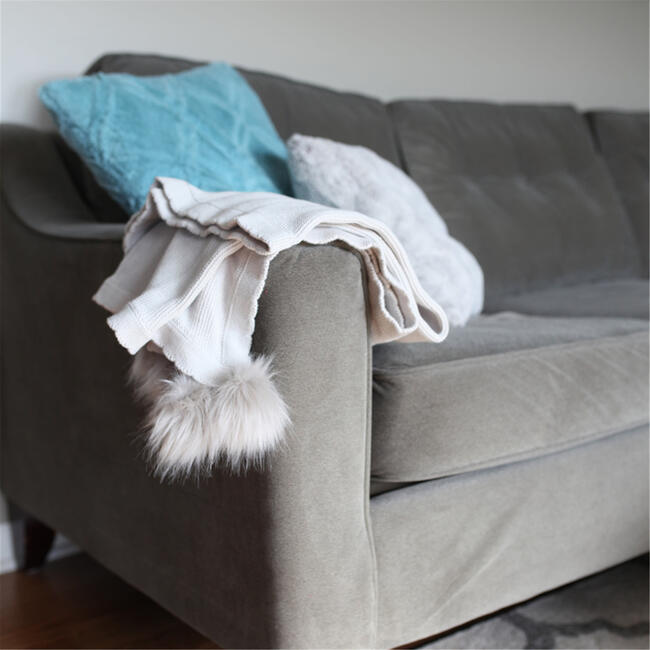 Cotton Waffle Knit Blanket with Faux Pom Poms, Soft Grey - Blankets - 2