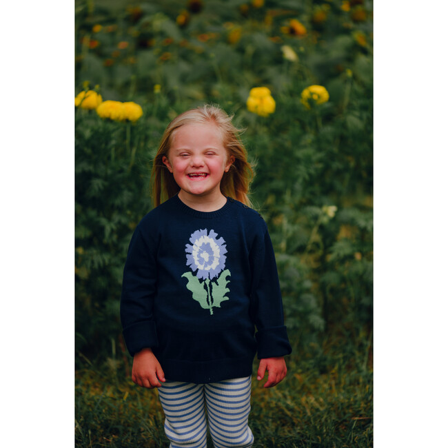 Peony Intarsia Cotton Sweater, Navy - Sweaters - 3