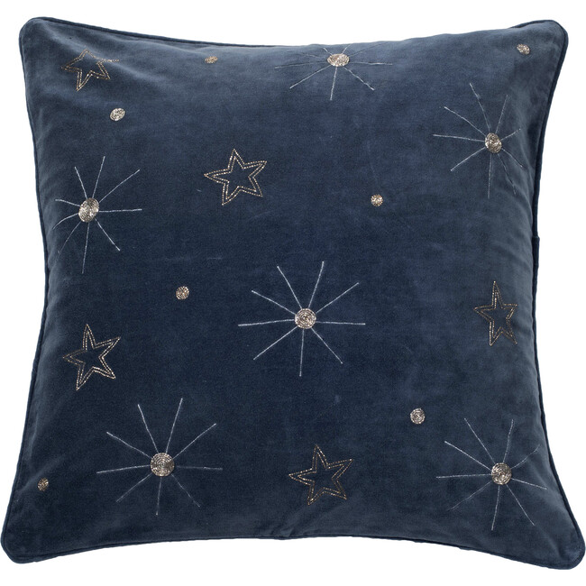 Embroidered Celestial Pillow, Dark Grey Cotton Velvet