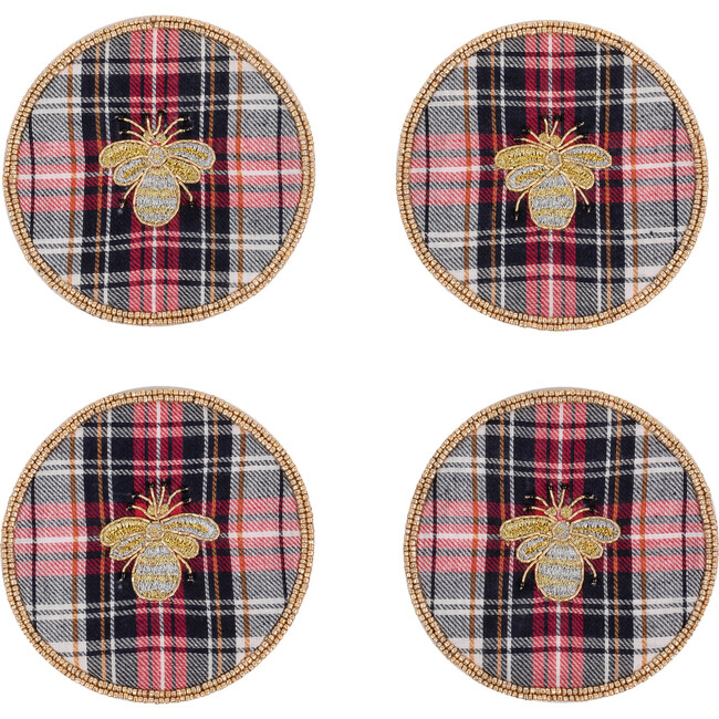 Embroidered Bee Plaid Coasters