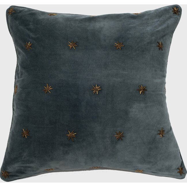 Embroidered Star Pillow, Dark Grey Cotton Velvet - Pillows - 4