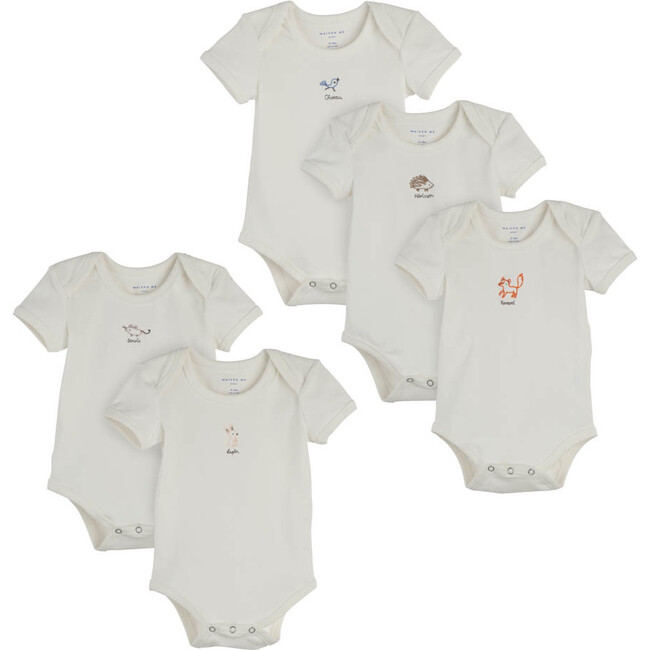 Animal 5 Piece Bodysuit Set, White - Onesies - 1