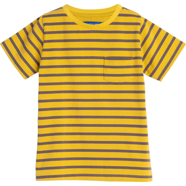 Avery Striped Pocket Tee, Mustard & Grey Stripe - Shirts - 1