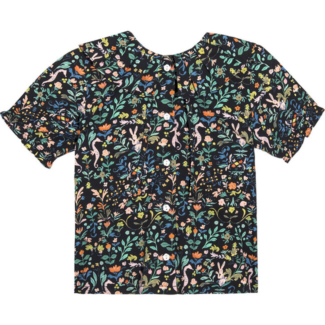 Lily Short Sleeve Ruffle Collar Blouse, Midnight Flowers & Rabbits - Blouses - 1
