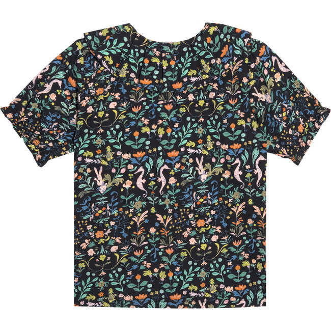 Lily Short Sleeve Ruffle Collar Blouse, Midnight Flowers & Rabbits - Blouses - 2