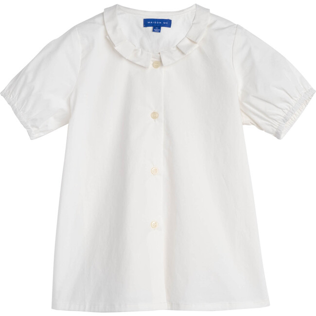 Stella Short Sleeve Pleated Collar Top, White - Shirts - 1