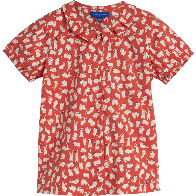 Stella Short Sleeve Pleated Collar Top, Red Scattered Bunnies - Shirts - 1