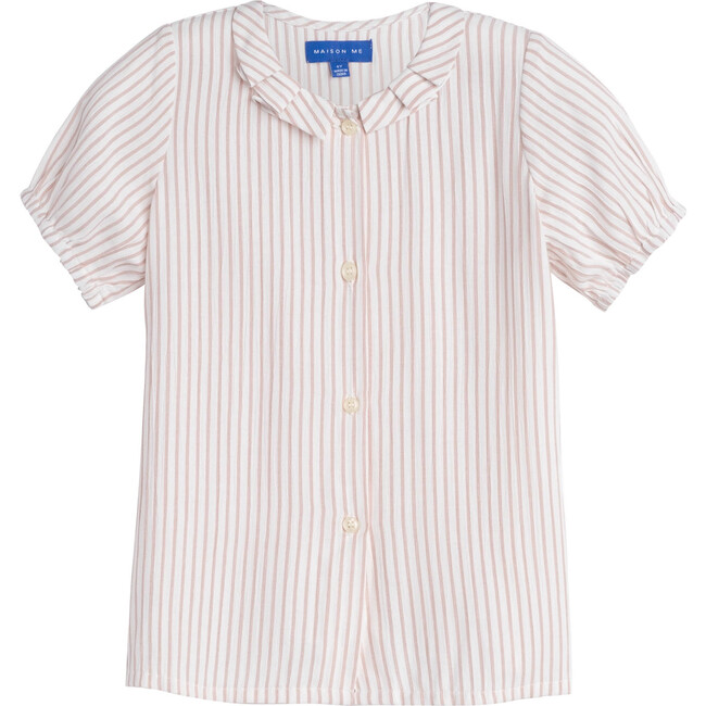 Stella Short Sleeve Pleated Collar Top, Dusty Red Stripe - Shirts - 1