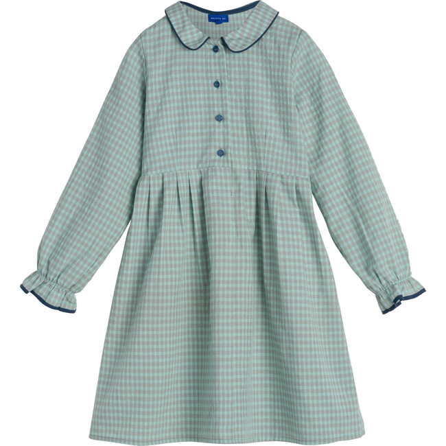 Emma Long Sleeve Collared Dress, Turquoise Blue Check - Dresses - 1