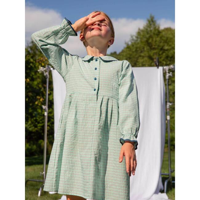 Emma Long Sleeve Collared Dress, Turquoise Blue Check - Dresses - 6