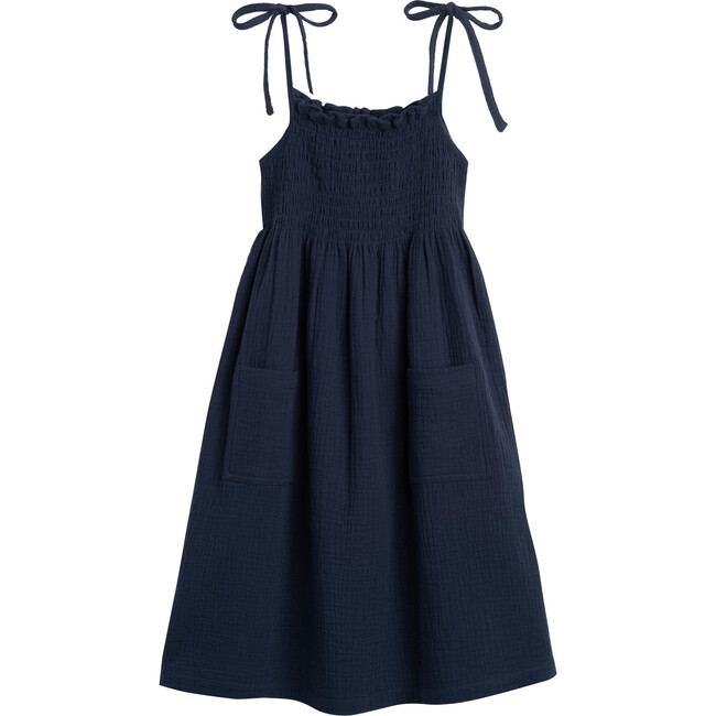 Rosie Smocked Dress, Navy Cotton Muslin - Dresses - 1