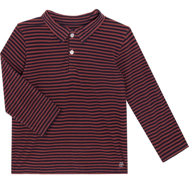 Finley Long Sleeve Polo, Navy & Chocolate Stripe - Shirts - 1