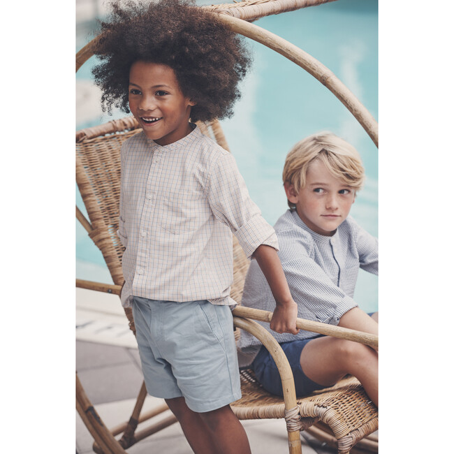 Finn Collarless Button Down, Navy & Green Stripe - Shirts - 2