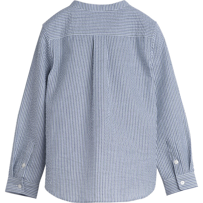 Finn Collarless Button Down, Navy & Green Stripe - Shirts - 3