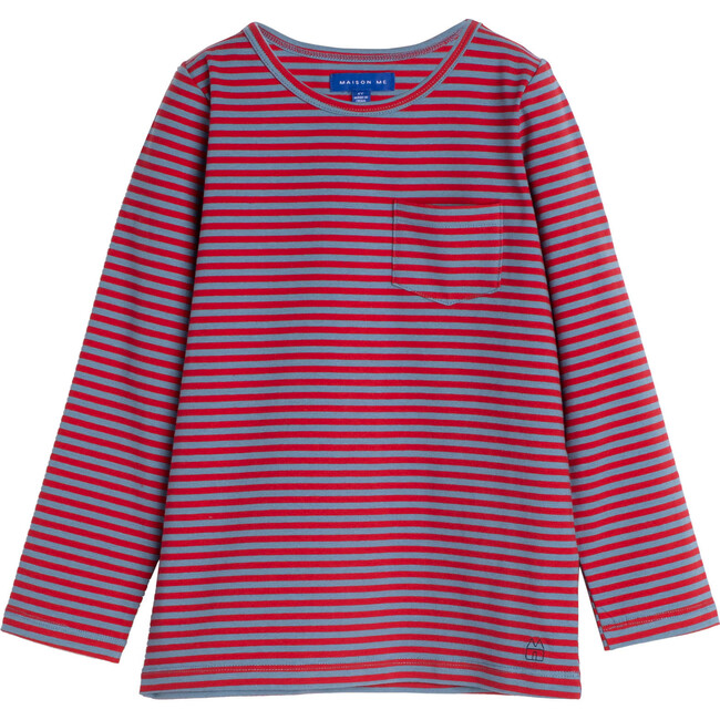 Drew Long Sleeve Pocket Tee, Red & Blue Stripe - Tees - 1