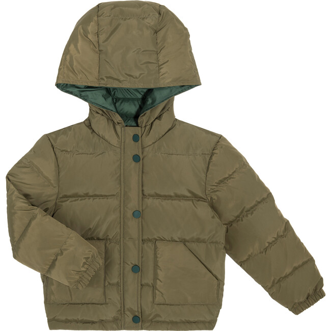 Ellis Down Puffer Jacket with Hood, Army Green - Jackets - 1