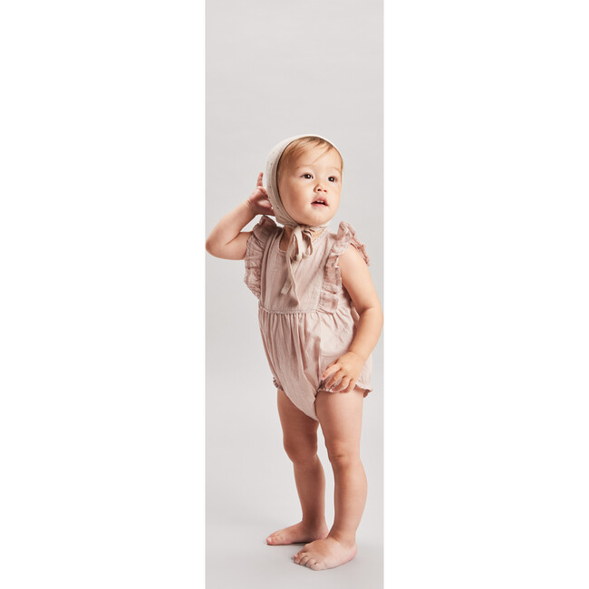 Flutter Sleeve Romper, Beige - Rompers - 3