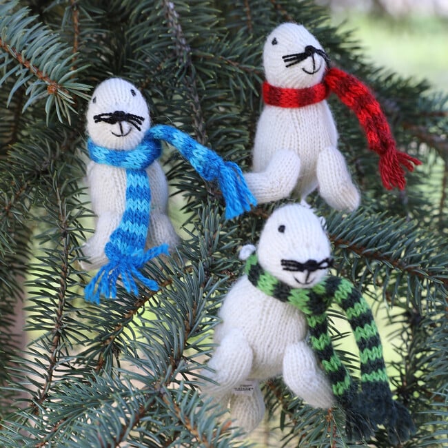 Set of 3 Holiday Seal Ornaments, White - Ornaments - 3