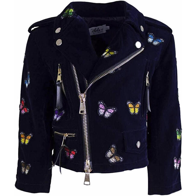 Velvet Butterfly Moto Jacket, Navy