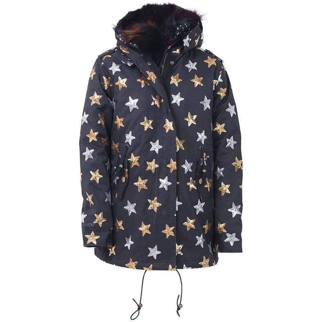 Sequin Star Faux Fur Parka, Black - Parkas - 1
