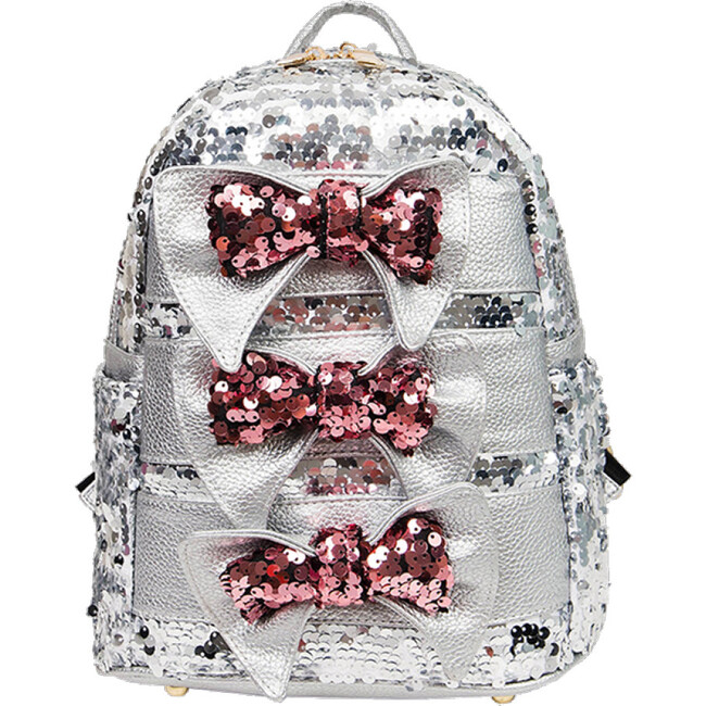 Tripe Bow Sequin Backpack, Silver - Bags - 1