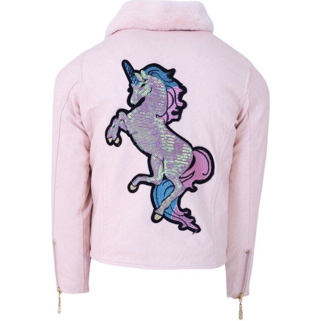 Sequin Unicorn Vegan Leather Jacket, Pink - Jackets - 1