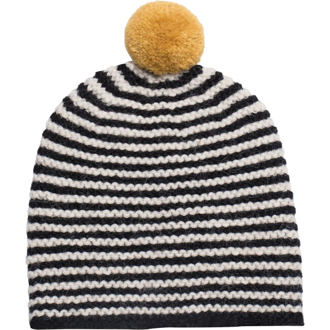 Striped Pom Hat, Black with Mustard Pom - Hats - 1