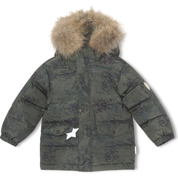 Wali Waterproof Down Jacket with Natural Fur, Olive Printed - Mini A ...