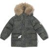 Wali Waterproof Down Jacket with Natural Fur, Olive Printed - Coats - 1 - thumbnail