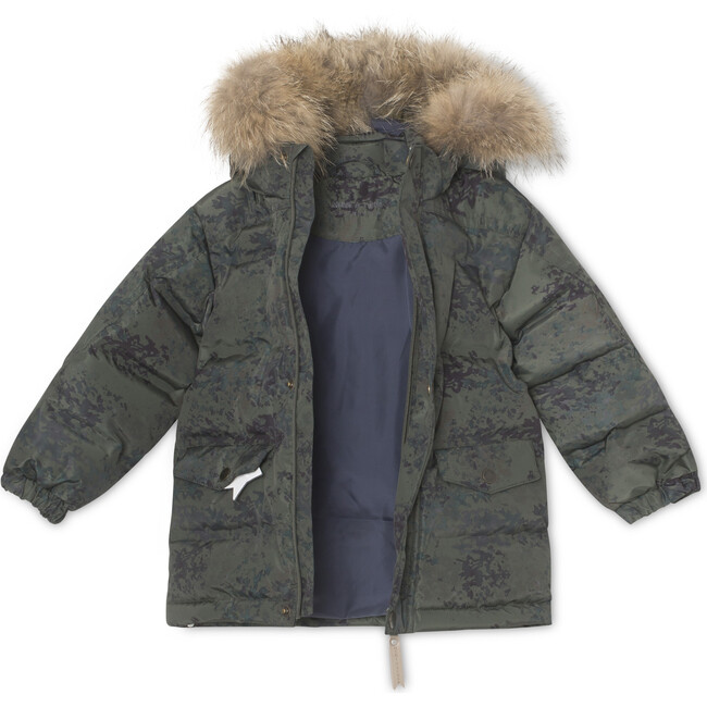 Wali Waterproof Down Jacket with Natural Fur, Olive Printed - Mini A ...