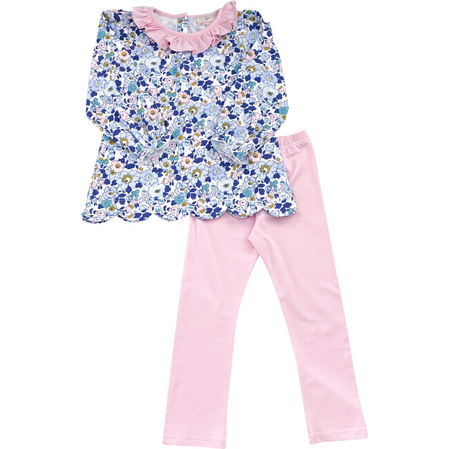 Floral Scalloped Shirt with Leggings Set, Blue