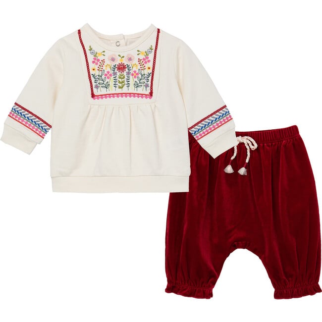Embroidered Wintertime Pant Set, Off-White